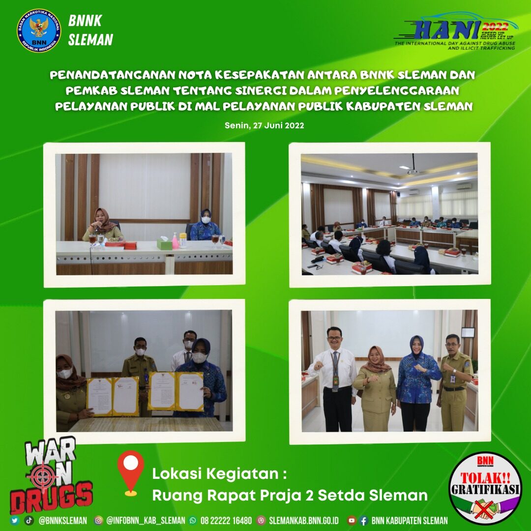 Penandatanganan Nota Kesepakatan Antara BNN Kabupaten Sleman dan Pemkab Sleman Tentang Penyelenggaraan Pelayanan Publik di Mall Pelayanan Publik Kabupaten Sleman Penandatanganan Nota Kesepakatan Antara BNNK Sleman dan Pemkab Sleman Tentang Sinergi Dalam Penyelenggaraan Pelayanan Publik di Mal Pelayanan Publik Kabupaten Sleman