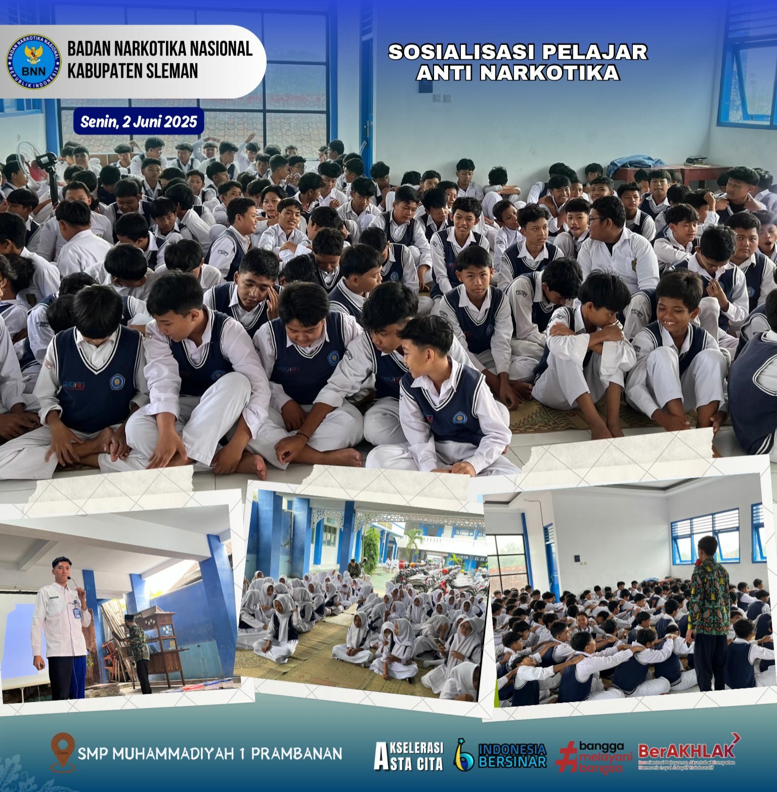 SMP Muhammadiyah 1 Prambanan Bersama BNNK Sleman Lakukan Sosialisasi P4GN Kepada 300 Pelajar